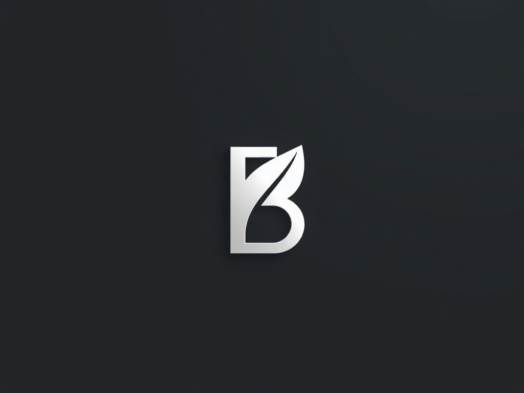 Minimalist geometric logo: a stylized 'B' combined with a leaf, clean lines, silver on a dark grey background. 3D render, photorealistic, 8k.
